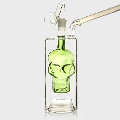 Green Skull Glass Pipe 13cm with Mini Bubbler Glass Pipe