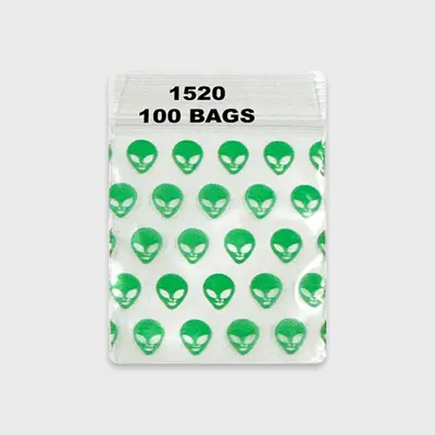 Resealable Plastic Bags 38×51 mm with Green Alien Patterns